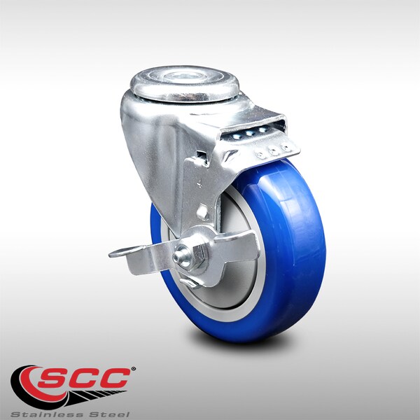 4 Inch SS Blue Polyurethane Wheel Swivel Bolt Hole Caster with Brake SCC